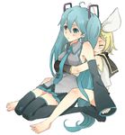  :3 ahoge aqua_eyes aqua_hair barefoot blonde_hair detached_sleeves feet hair_ornament hair_ribbon hairclip hatsune_miku hug kagamine_rin long_hair multiple_girls necktie ribbon short_hair sitting skirt smile thighhighs twintails very_long_hair vocaloid yoshi_92 yuri zettai_ryouiki 