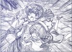  blue broom kochiya_sanae monochrome moriya_suwako multiple_girls sakino_shingetsu surprised tackle touhou traditional_media 