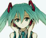  aqua_eyes aqua_hair bare_shoulders close-up hatsune_miku headset ixy necktie solo twintails vocaloid 