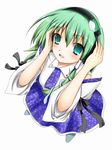  akizuki_rito blush frog from_above green_hair headphones kochiya_sanae looking_up ribbon simple_background smile snake solo touhou 
