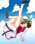  animal_ears bad_id bad_pixiv_id bloomers brown_eyes brown_hair cat_ears cat_tail chen cloud day earrings hands hat jewelry legs mattaku_mousuke multiple_tails open_mouth short_hair sky solo tail touhou underwear 