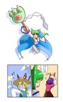  animal_ears blonde_hair cat_ears cat_tail comic detached_sleeves eyes green_eyes green_hair hair_ornament hat highres iwatobi_hiro kemonomimi_mode kochiya_sanae moriya_suwako multiple_girls purple_hair short_hair tail touhou translated yasaka_kanako 