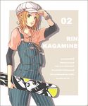  alternate_costume baseball_cap blonde_hair fashion green_eyes hat heart hood hoodie kagamine_rin long_sleeves music overalls short_hair short_over_long_sleeves short_sleeves skateboard smile solo star vocaloid yakitori_(artist) 