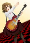  brown_eyes brown_hair checkered dutch_angle frills fuwafuwa_time guitar hirasawa_yui instrument k-on! kisaragi_miyu pantyhose plectrum short_hair solo 