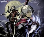  blue_eyes dante_(devil_may_cry) devil_bringer devil_may_cry devil_may_cry_4 error foreshortening gloves hands male_focus moon multiple_boys nakabayashi_reimei nero_(devil_may_cry) rebellion_(sword) red_queen_(sword) silver_hair sword weapon 