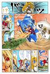  3girls bad_id bad_pixiv_id barefoot blonde_hair blood blue_eyes blue_hair braid cirno comic fangs flandre_scarlet kirisame_marisa long_hair marker_(medium) multiple_girls nib_pen_(medium) okubyou_yuuki ponytail red_eyes severed_arm severed_limb short_hair side_ponytail tears touhou traditional_media translated wings 