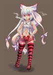  bad_proportions borrowed_design bow cameltoe cigarette dress_shirt fujiwara_no_mokou hair_ribbon highres long_hair red_eyes red_legwear rekise ribbon shirt silver_hair smoke smoking solo striped striped_legwear suspenders thighhighs touhou 