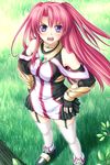  game_cg grass highres kannatsuki_noboru long_hair maou_to_odore!_ii marie_grenoble outdoors pink_hair purple_eyes solo thighhighs twintails 