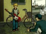  :d bass_guitar bicycle bicycle_basket blonde_hair blue_eyes blue_hair building camera closed_eyes denim grass grin ground_vehicle holding holding_camera horizontal_stripes horuda instrument jeans kagamine_len kaito long_sleeves male_focus multiple_boys open_mouth outdoors pants power_lines sandals shirt smile standing striped striped_shirt telephone_pole v vocaloid 