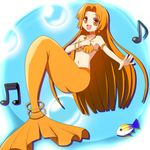  :d armlet bangs blunt_bangs bracelet bubble choker fish jewelry long_hair mermaid mermaid_melody_pichi_pichi_pitch miru monster_girl music musical_note navel necklace open_mouth orange_eyes orange_hair pendant seashell seira_(mermaid_melody_pichi_pichi_pitch) shell shell_bikini singing smile solo 