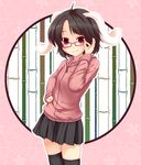  adjusting_eyewear alternate_costume animal_ears bamboo bamboo_forest bespectacled black_hair bunny_ears casual contemporary forest glasses hiiragi_mitsuna inaba_tewi nature short_hair smile solo sweater thighhighs touhou zettai_ryouiki zipper 