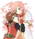  artist_request blue_eyes bob_cut brown_hair estellise_sidos_heurassein gloves goggles green_eyes multiple_girls pink_hair rita_mordio short_hair smile tales_of_(series) tales_of_vesperia 