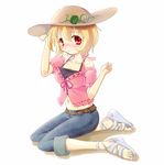  aki_minoriko alternate_costume bad_id bad_pixiv_id blonde_hair casual contemporary food food_themed_clothes fruit futakabe hat midriff navel red_eyes sandals short_hair solo straw_hat touhou watermelon 