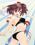  absurdres ass back bikini black_hair colorized hat highres looking_at_viewer looking_back mahan natsume_tsuki open_mouth pom_pom_(clothes) red_eyes shameimaru_aya side-tie_bikini smile solo swimsuit touhou 