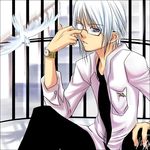  adjusting_glasses animal bird birdcage blue_eyes cage feathers flying formal gem2niki_(deviantart) glasses lens_glare male necktie open_shirt original pants pocket serious shadow short_hair simple_background sitting tail tie watch white white_hair wristwatch 