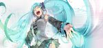  aqua_hair bad_id bad_pixiv_id closed_eyes detached_sleeves hatsune_miku headphones headset kasu_(pixiv108801) lipstick long_hair makeup necktie open_mouth skirt smile solo twintails very_long_hair vocaloid 