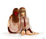  bad_id bad_pixiv_id barefoot brown_hair face hair_ribbon hairband holding_hands kneeling long_hair multiple_girls necktie nobusnow original ribbon sitting skirt 