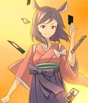  animal_ears bowieknife brown_eyes brown_hair card deer_ears falling_card hakama hanafuda holding holding_card japanese_clothes purple_hakama shinohara_natsuki solo summer_wars tasuki 