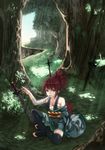  bad_id bad_pixiv_id bandages barefoot breasts cleavage feet forest hair_up hase_neet japanese_clothes kimono light_rays medium_breasts mouth_hold nature original red_hair solo sunbeam sunlight sword thighhighs toeless_legwear toes weapon 