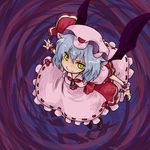  blue_hair from_above hat looking_up purple_background remilia_scarlet seki_(red_shine) smile solo touhou wings wrist_cuffs yellow_eyes 