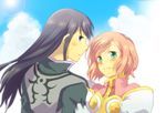  1girl bad_id bad_pixiv_id black_eyes black_hair estellise_sidos_heurassein gloves grabbing green_eyes long_hair pink_hair short_hair smile takana tales_of_(series) tales_of_vesperia yuri_lowell 