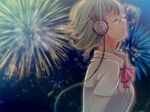  aerial_fireworks blurry bow bowtie breasts cable closed_eyes closed_mouth collared_shirt eyelashes fireworks floating_hair from_side green_eyes green_hair gumi headphones listening_to_music medium_breasts night night_sky profile red_bow red_neckwear shirt short_hair short_sleeves sky solo upper_body uprightleftdownchuchuchu vocaloid white_shirt 