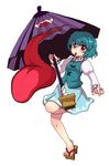  :p blue_eyes blue_hair geta heterochromia karakasa_obake kty_(04) purple_umbrella red_eyes sandals short_hair solo tatara_kogasa tongue tongue_out touhou umbrella 