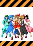  &gt;:) :d animal_ears backpack bad_id bad_pixiv_id bag barefoot black_hair blonde_hair blue_eyes blue_hair bow bunny_ears cirno flandre_scarlet grin hair_ribbon hands_on_hips hat inaba_tewi kawashiro_nitori multiple_girls no_wings one_side_up open_mouth parody ponytail red_eyes ribbon rumia sentai short_hair smile super_sentai takuzo touhou two_side_up v-shaped_eyebrows 