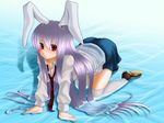  all_fours animal_ears bunny_ears dress_shirt highres long_hair necktie orippa purple_hair red_eyes reisen_udongein_inaba shirt solo submerged thighhighs touhou water 