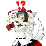  animal_ears black_hair blush breast_grab breasts detached_sleeves grabbing hands hanrei_(dqncncilust) hat inubashiri_momiji medium_breasts multiple_girls red_eyes role_reversal shameimaru_aya short_hair silver_hair tail tokin_hat touhou wolf_ears wolf_tail yuri 