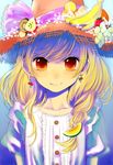  bad_id bad_pixiv_id blonde_hair blush earrings food food_as_clothes food_themed_clothes fruit grin hat jewelry kirisame_marisa long_hair red_eyes smile solo touhou yokoyari_mengo 