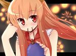  bare_shoulders binsen fang gourd horns ibuki_suika long_hair mouth_hold orange_hair red_eyes smile solo touhou 