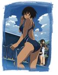  ass azumanga_daiou bare_arms bare_legs bare_shoulders breasts brown_eyes brown_hair climbing cloud competition_swimsuit dagashi_(place) day kagura_(azumanga_daiou) kurosawa_minamo medium_breasts multiple_girls one-piece_swimsuit pool_ladder poolside short_hair sky swimsuit wet 