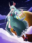  bad_id bad_pixiv_id breasts claws cloud dress ex-keine fingernails green_hair horns kamishirasawa_keine large_breasts long_fingernails long_hair moon night ootsuki_wataru red_eyes ribbon side_slit sky solo star_(sky) starry_sky tail touhou 