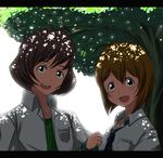  1girl :d akizuki_ryou antenna_hair blush bob_cut brown_eyes brown_hair dappled_sunlight hagiwara_yukiho idolmaster idolmaster_(classic) idolmaster_dearly_stars open_mouth school_uniform seven_(harida) shade short_hair smile sunlight tree tree_shade 