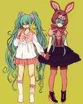  :d animal_ears aqua_hair bonnet bunny_ears clone fork frills hatsune_miku holding_hands long_hair lots_of_laugh_(vocaloid) multiple_girls open_mouth pantyhose sarasara skirt smile socks twintails very_long_hair vocaloid 