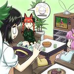  animal_ears black_hair blue_eyes blush_stickers bow braid cat_ears chair closed_eyes couch crying food green_bow green_hair hair_bow hat hat_bow indoors juliet_sleeves kaenbyou_rin komeiji_koishi komeiji_satori long_hair long_sleeves multiple_girls open_mouth pink_eyes pink_hair plant potted_plant puffy_short_sleeves puffy_sleeves red_hair reiuji_utsuho rice satsuki_harunobu short_hair short_sleeves silver_hair table tea television touhou trembling twin_braids wide_sleeves yagokoro_eirin |_| 