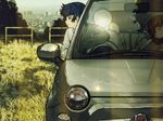  1girl blue_eyes blue_hair brown_hair car casual closed_eyes couple fiat fiat_nuova_500 ground_vehicle hetero horuda kaito meiko motor_vehicle product_placement reflection sleeping vocaloid 