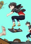  antenna_hair barefoot casual denim failure feet hagiwara_yukiho idolmaster idolmaster_(classic) jeans kikuchi_makoto no_socks pants shoes skateboard sneakers ttomm 