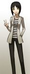  black_hair bob_cut hand_in_pocket jacket original shirt short_hair solo striped striped_shirt v yellow_eyes zou_azarashi 