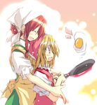  :d :o ^_^ apron closed_eyes cooking egg flandre_scarlet flipping_food food frying_pan head_scarf hong_meiling multiple_girls no_hat no_headwear no_wings open_mouth satou_kibi smile touhou 