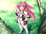  game_cg grass kannatsuki_noboru long_hair maou_to_odore!_ii marie_grenoble outdoors purple_eyes red_hair solo thighhighs twintails 