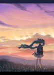  aqua_hair arm_behind_back cloud detached_sleeves field from_behind hatsune_miku katagiri letterboxed long_hair skirt sky solo sunset thighhighs twintails very_long_hair vocaloid wind zettai_ryouiki 