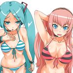  aqua_eyes aqua_hair aqua_nails armpits bikini breast_envy breasts breasts_apart hatsune_miku headphones headset jt_dong-agyoku large_breasts long_hair looking_at_breasts megurine_luka multiple_girls nail_polish pink_hair small_breasts striped striped_swimsuit swimsuit twintails very_long_hair vocaloid 