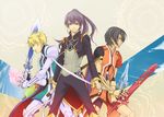  alternate_costume armor black_eyes black_hair blonde_hair blue_eyes flynn_scifo kanami_(dec-02) male_focus multiple_boys ponytail schwann_oltorain smile surcoat sword tales_of_(series) tales_of_vesperia weapon yuri_lowell 