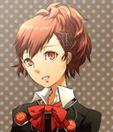  ang bow brown_eyes brown_hair face female_protagonist_(persona_3) hair_ornament hairclip headphones persona persona_3 persona_3_portable school_uniform short_hair smile solo 