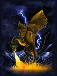  ambiguous_gender cloud dragon feral fire flying green_eyes horn lightning mountain night outside reptile scalie solo spines storm vincent_hie wallace_(artist) wings wyvern yellow_body 