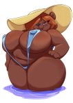  bear bernie_(radvengence) big_breasts bikini breasts brown_fur clothing erect_nipples female fur hair hair_over_eye hat hi_res huge_breasts joelasko looking_at_viewer mammal navel nipples orange_hair overweight purple_eyes sling_bikini solo sunhat swimsuit thick_thighs water wide_hips 