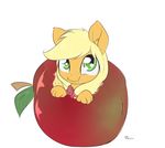  2014 alasou anthro anthrofied apple applejack_(mlp) blonde_hair chibi cute earth_pony eating equine female freckles friendship_is_magic fruit fur green_eyes hair horse looking_at_viewer mammal micro my_little_pony orange_fur plain_background pony solo white_background 