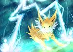  2013 ambiguous_gender blue_eyes cloud eeveelution feral fur hindpaw jolteon lightning looking_at_viewer nintendo paws pok&eacute;mon sky solo storm video_games white_fur yellow_fur 闇川龍 